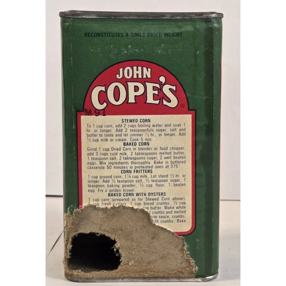 Vintage John Cope’s Dried Sweet‎ Corn Tin Can Mid Century Green Food Advertising